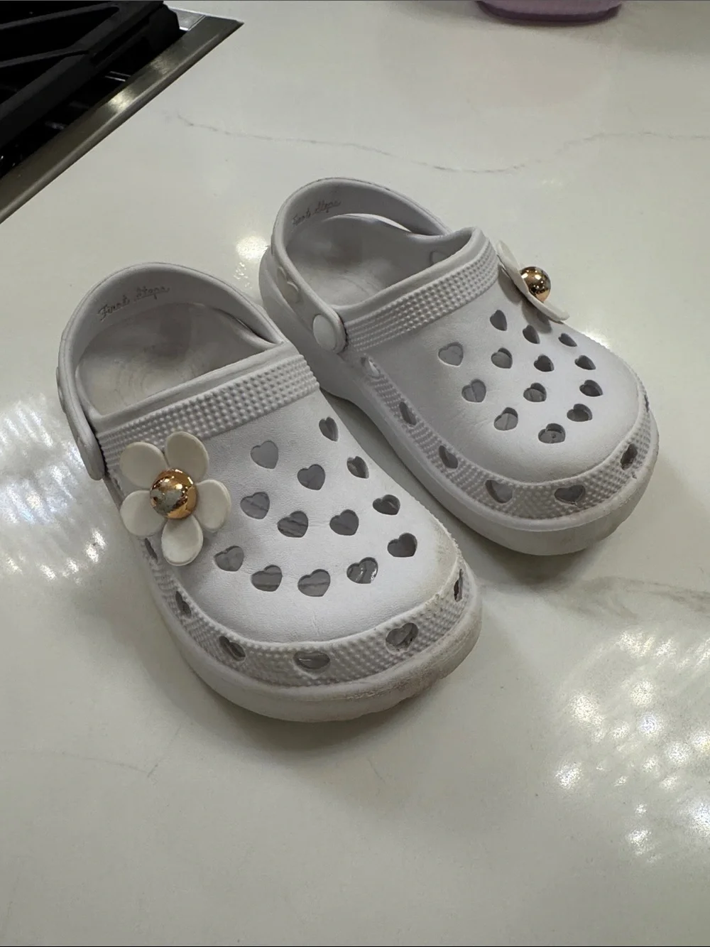 Toddler Girl White Heart Croc style shoe with Flower Charm